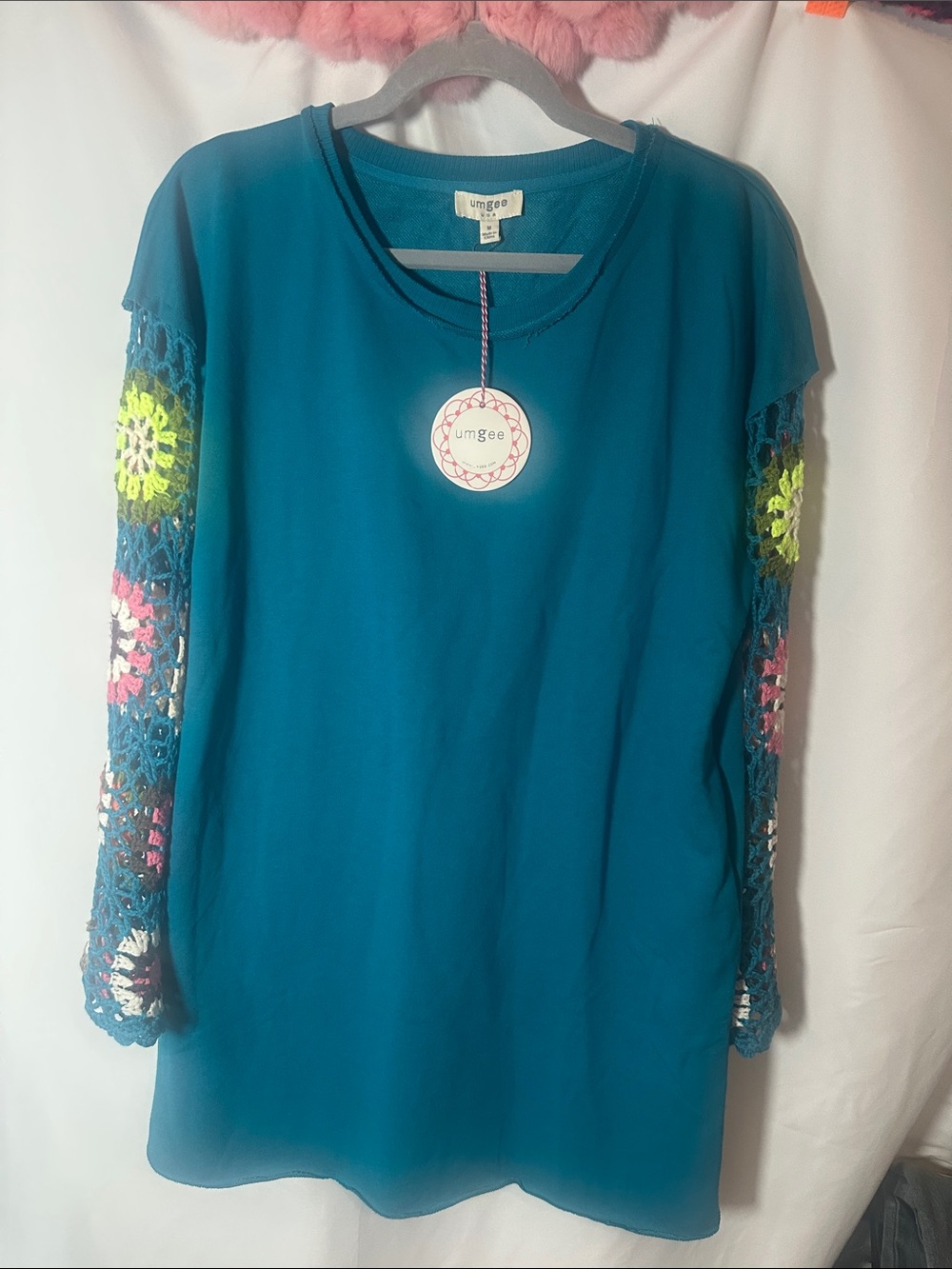 Umgee Teal Crochet-Sleeve Midi Dress with Multicolor Accents